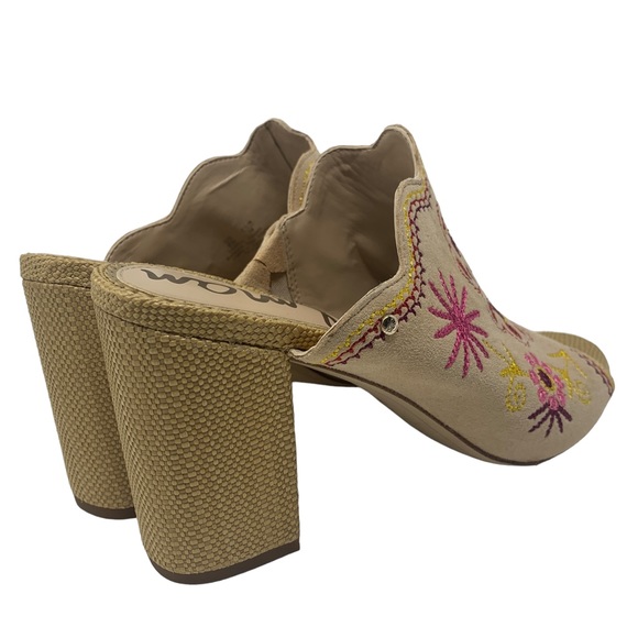 Sam Edelman Beige Boho Embroidered Floral Block Heel Mules Peep Toe “Olive” - Picture 5 of 15